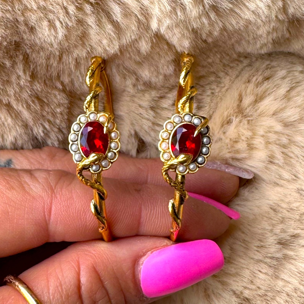 Alexander McQueen [SIGNED] Gold Snake Hoop Earrings w/ Ruby Color Gemstone